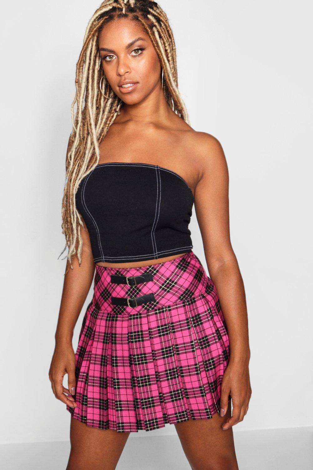 Eveline Buckle Pleated Kilt Woven Plaid Mini Skirt